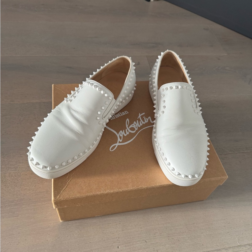 Christian Louboutin White Studded Leather Slip-Ons